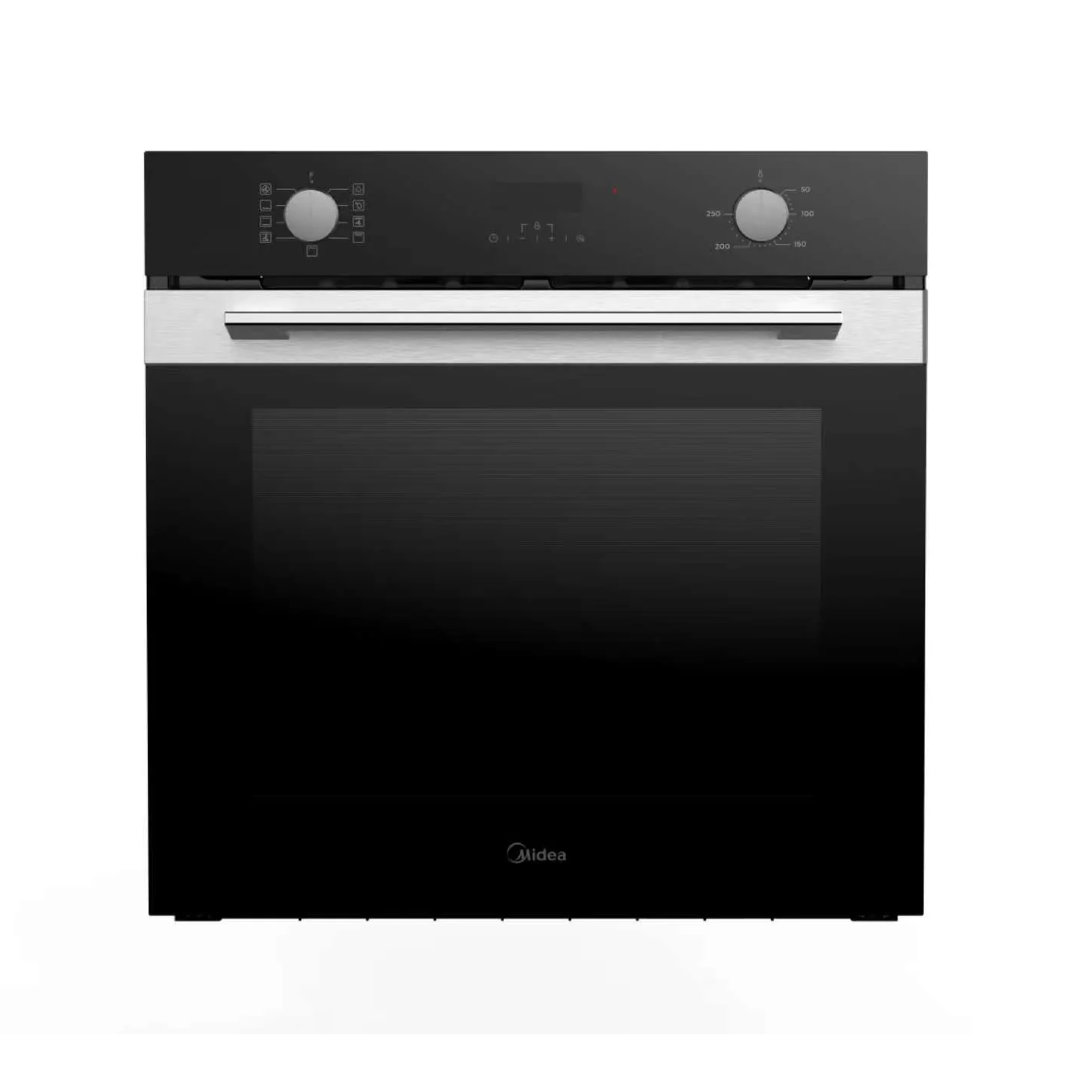 Black oven with silver handle on a white background