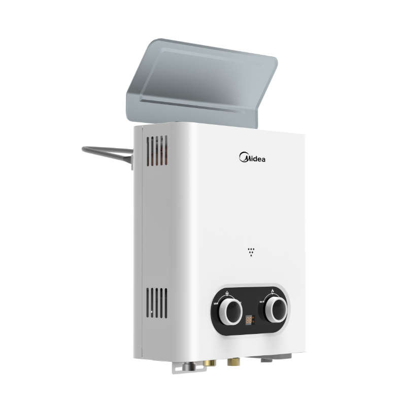 White tankless water heater with two control knobs and vented cover.