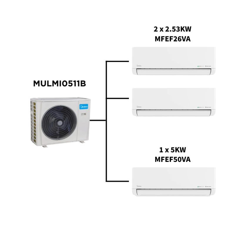 Midea Multi Split Heat Pumps Combo - 10.5 kW Outdoor Unit MULMI0511B + Indoor Units MULMI0511B+MFEF26VANx2+MFEF50VANx1