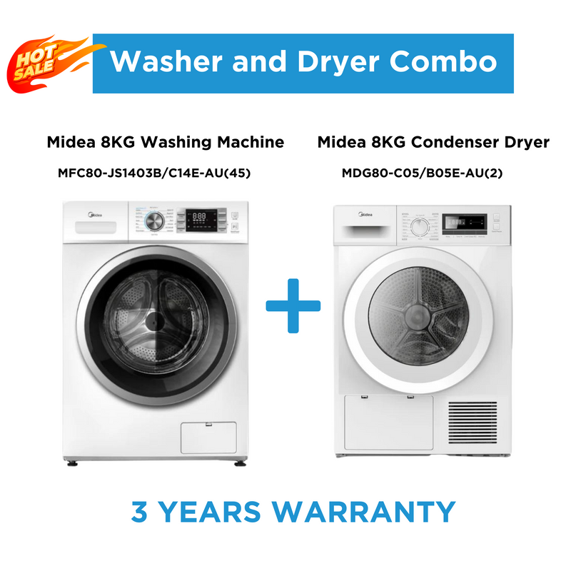 Midea 8kg White Laundry Combo  - 8KG Front Load Washing Machine + 8kg Condenser Dryer